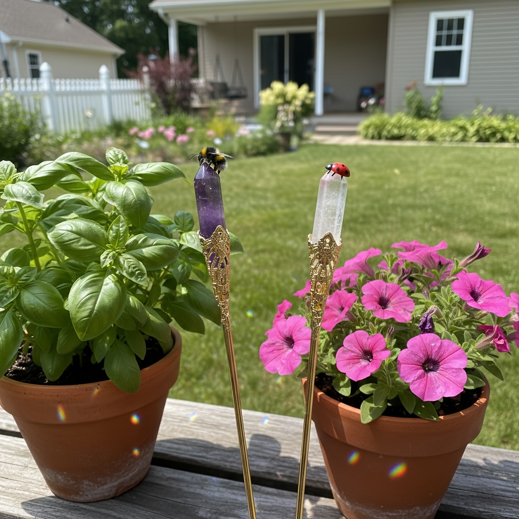 TEMU [3d] 2 Crystal Plant Stakes: , Amethyst, Flower Pot And Plant Stand Decorative Sticks, Indoor Plant Accessories, Unique Thanksgiving Gift,