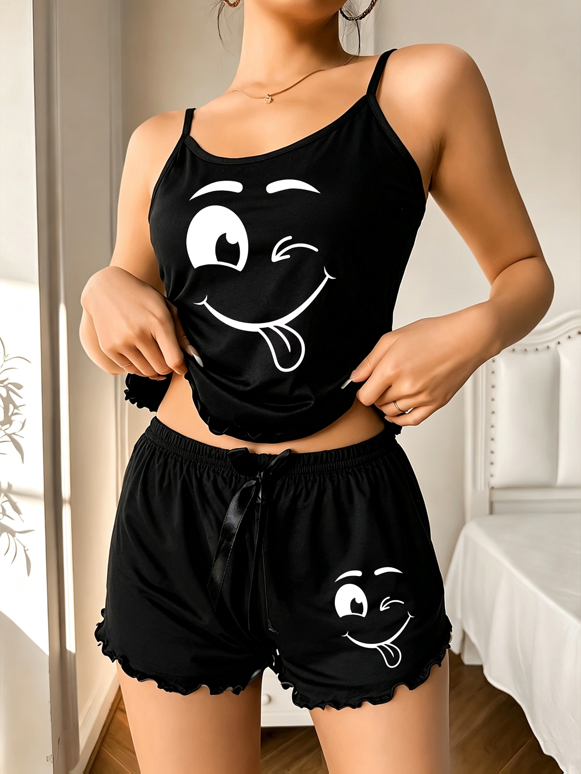 Women'S 2pcs Pajama Set, Smiling Face Theme Camisole Dress Set, Loose Comfortable Shoulder Strap Top, Elastic Fitted Ruffled Shorts, Essential for Spring And Summer Home Wear, Comfortable for All Seasons, Suitable for Home And Gifting