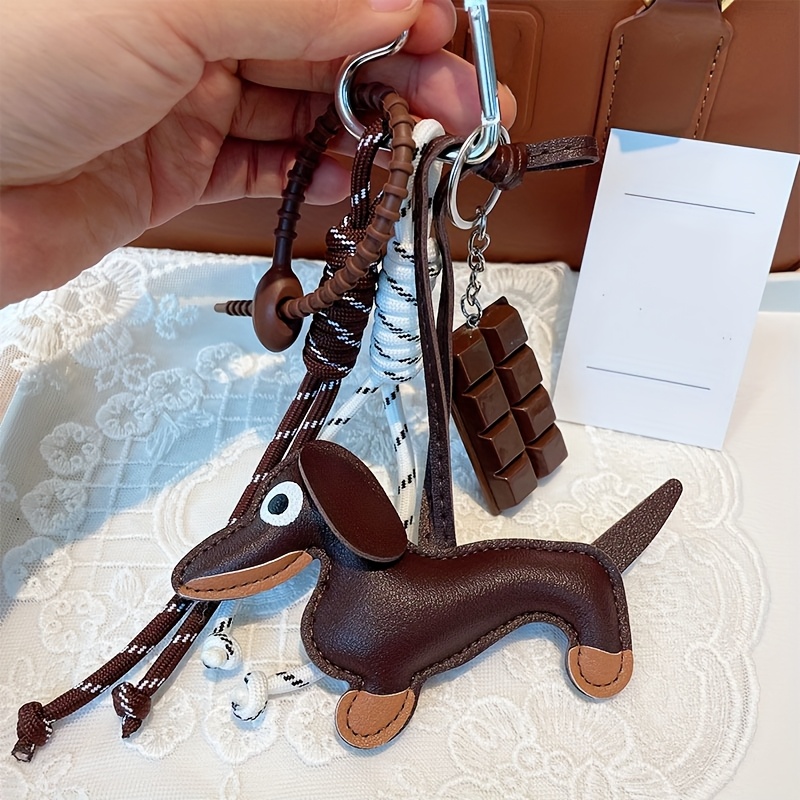 

Dachshund Keychain With Braided Rope & Chocolate Bar Charms - Cute Leather- Pendant, Ideal For Bags & Keys