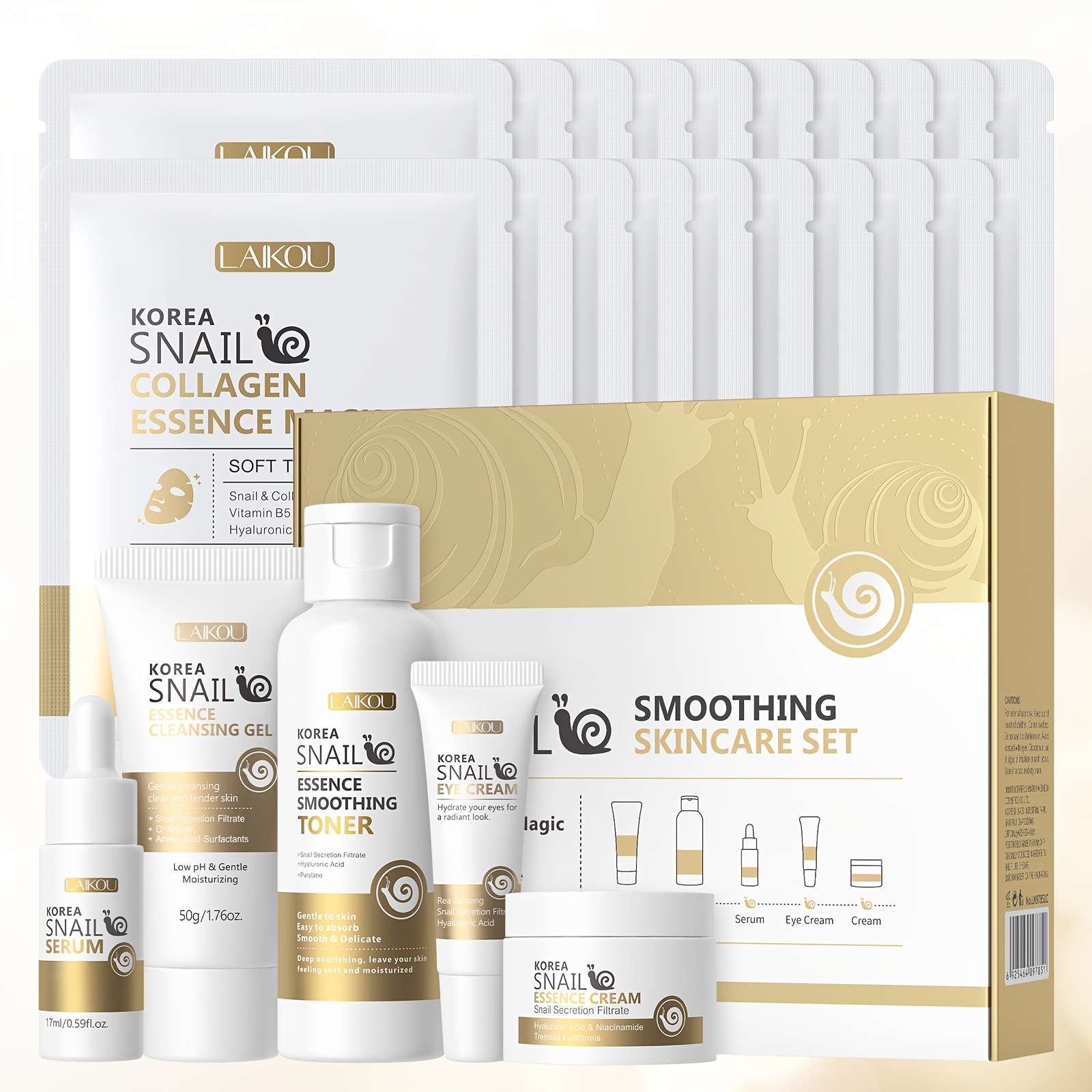 Laikou Korea Set, Toner, Radiance Serum, Eye Cream, Face Cream, Cleansing Gel, Facial Mask 20pcs, Deep Moisturizing, Valentines Day, Birthday Gift