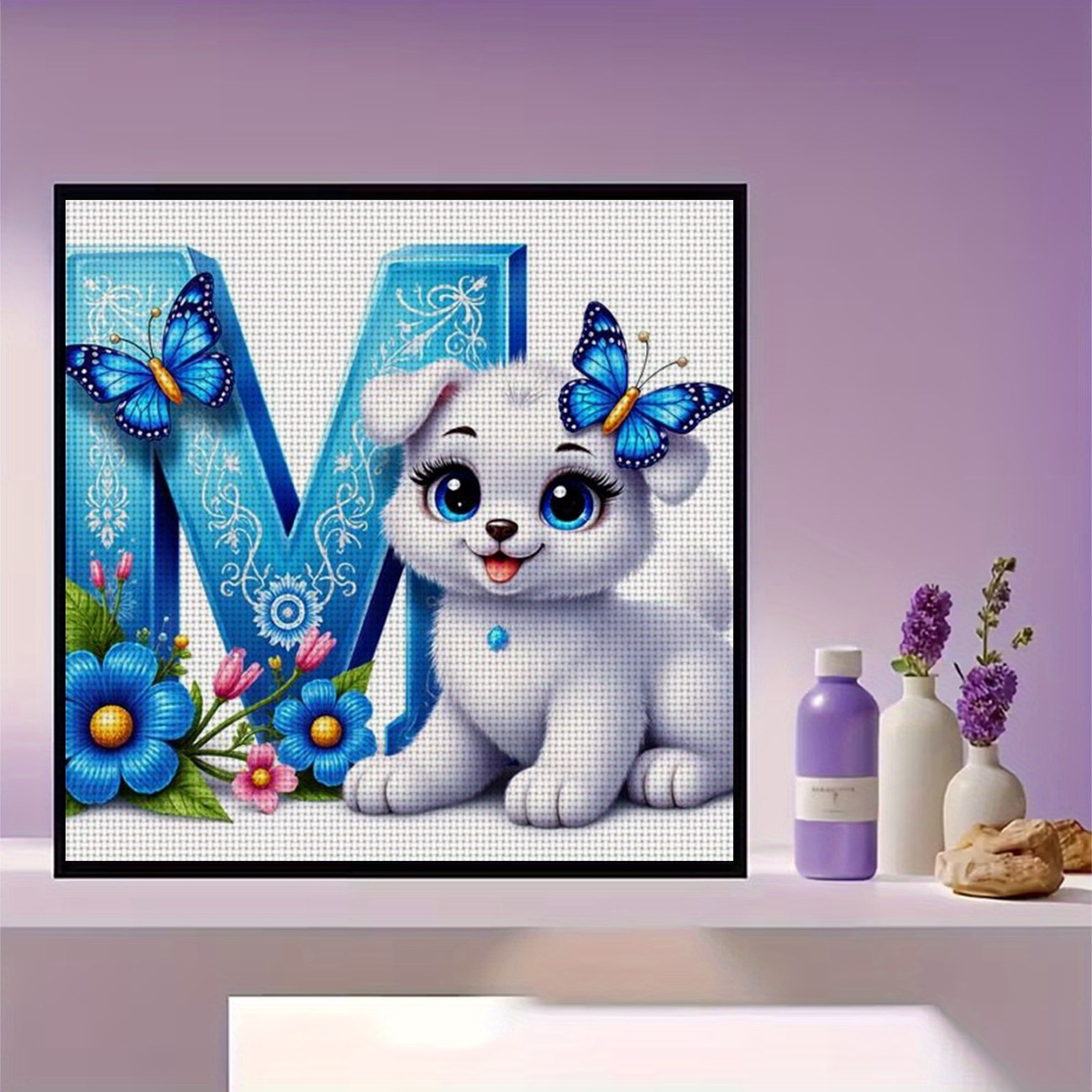 Printed DIY Cross Stitch Kit, Frameless, White Puppy with Butterflies Pattern