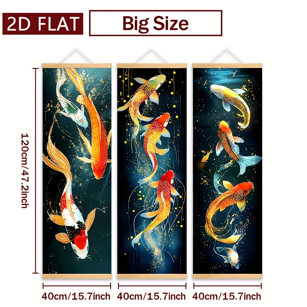 TEMU 2d Flat, 2d/flat 3pcs Koi Fish Wooden Scroll Art, Underwater Glow Scene With Colorful , Living Room & Bedroom Decorative Animal Painting
