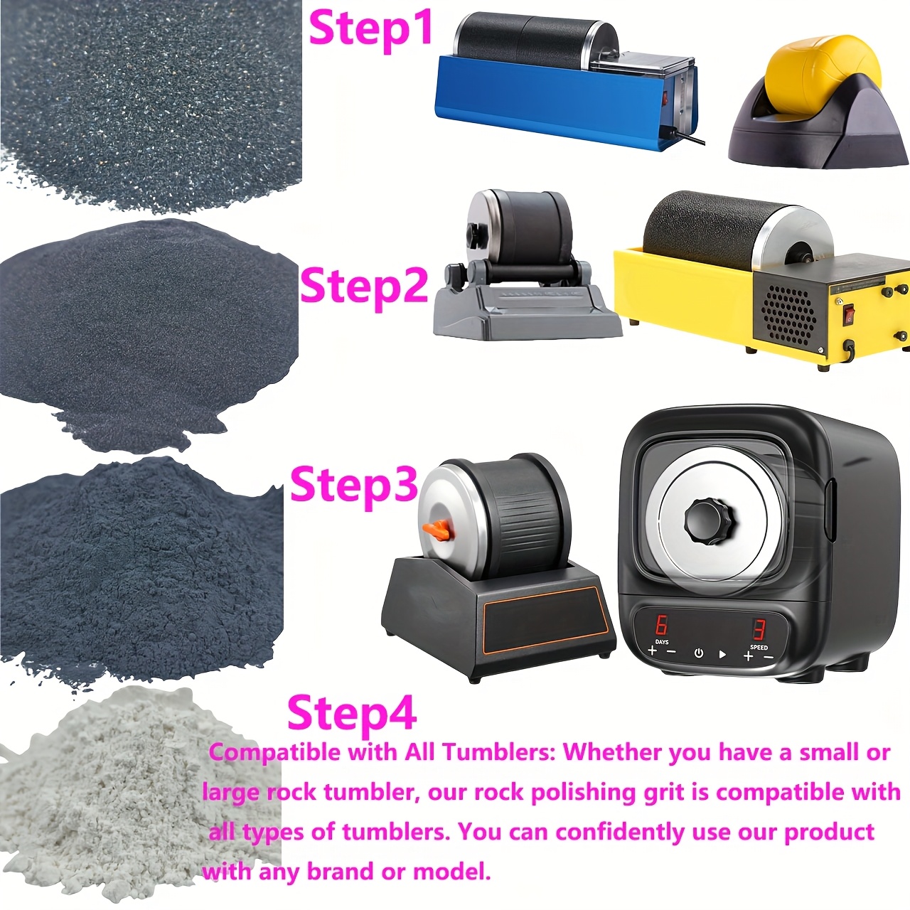     1 4 step rock polisher refill set coarse medium grit blasting media and polishing compound polishing stone sand kit for any rock polisher 0
