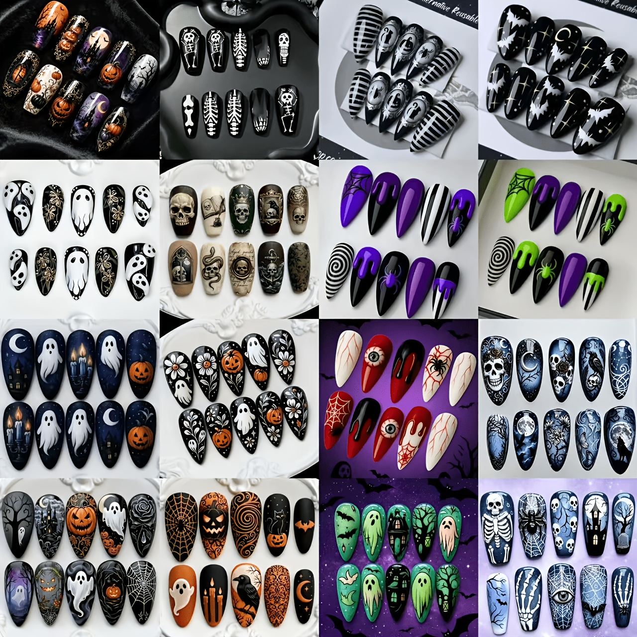 TEMU 40pcs Halloween -painted Press-on Nails, Multi-patterns Including Ghosts, Skeletons, Pumpkins, And , Detachable Nails For A Festive Atmosphere