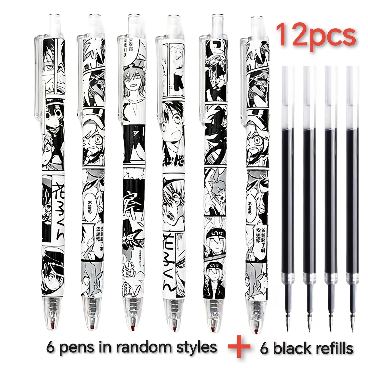 12pcs Anime Pen Set, Medium Nib, Water-based Ink, Durable Plastic, Office & School Stationery (6 Pens + 6 Refills, Random Colors)