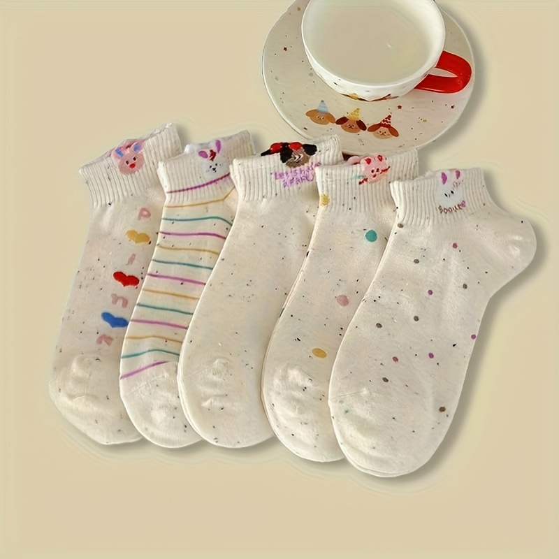 TEMU 5 Paires de Chaussettes Courtes pour Femmes à Pois en , Motif Animal de Dessin Animé, Mode Polyvalente, Douces, Rayées, Mignonnes, Lapin, Chiot,