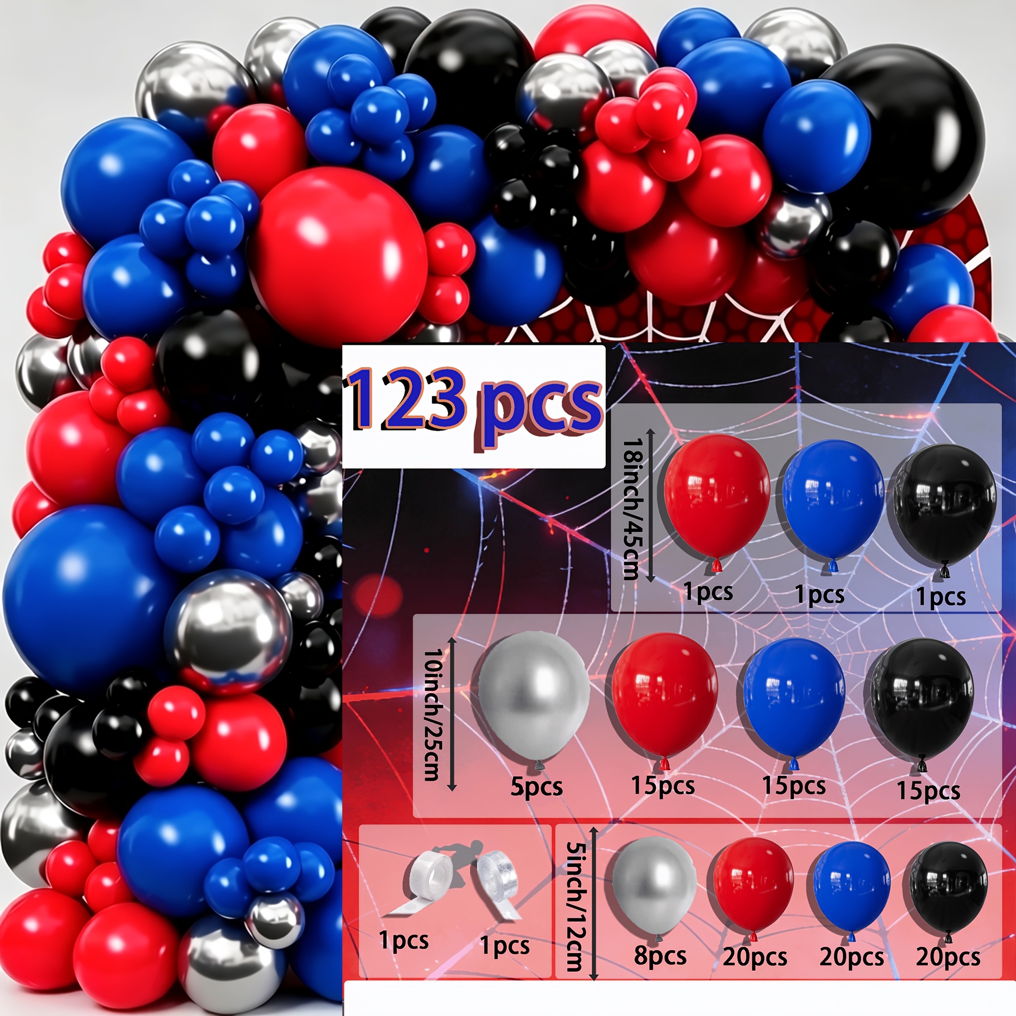TEMU 123pcs Balloon Arch Kit For Birthday Decorations - Red Blue Silver Balloons For Hero Party Decorations