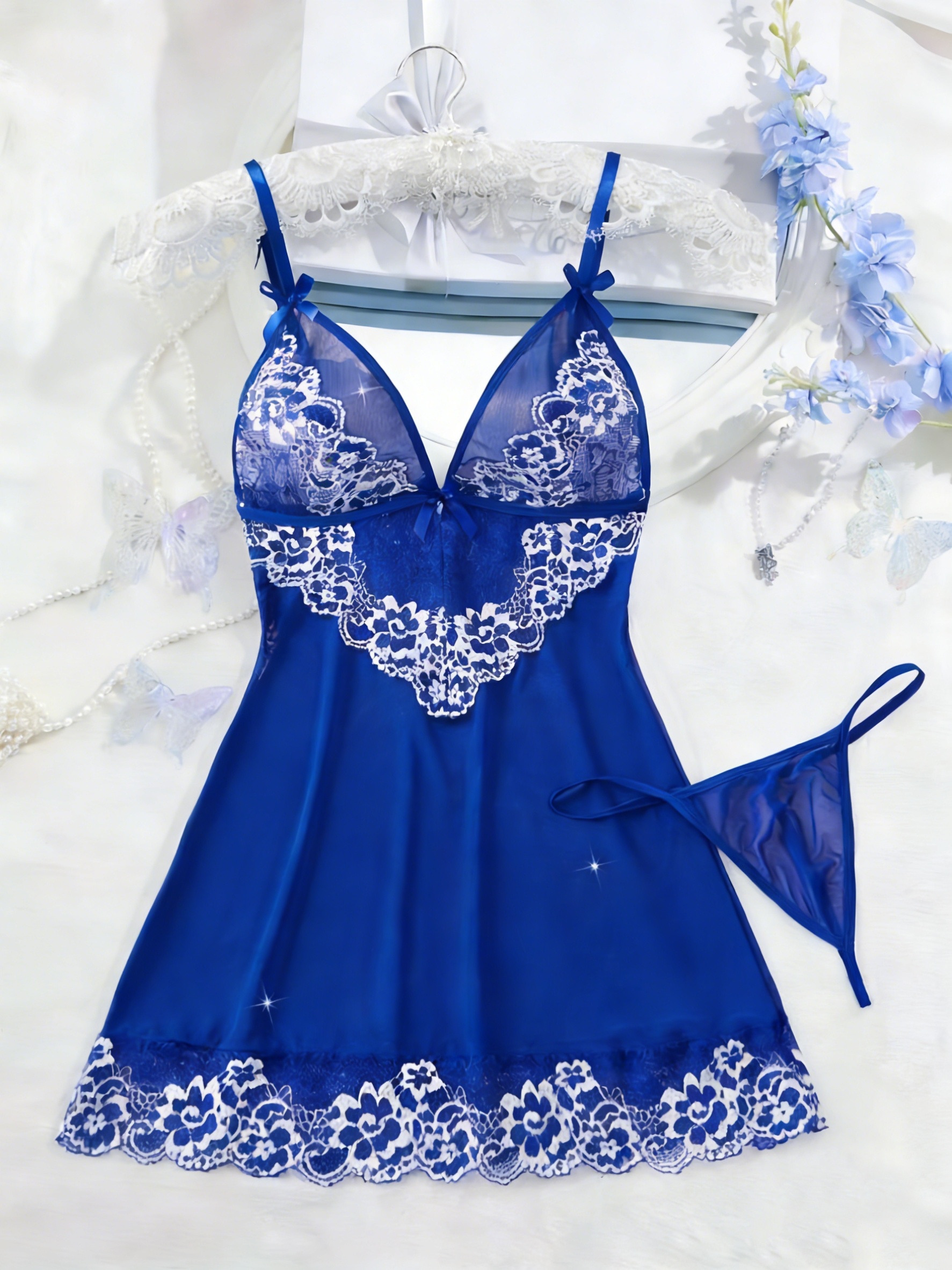 2pcs Pijama Elegante de Encaje Semi-Transparente para Mujer - Vestido Sin Espalda con Lazo, Conjunto de Pijama Combinado para Todas las Estaciones, Lavado a Mano, Conjunto de 2pcs (No) - Ropa de Descanso Femenina
