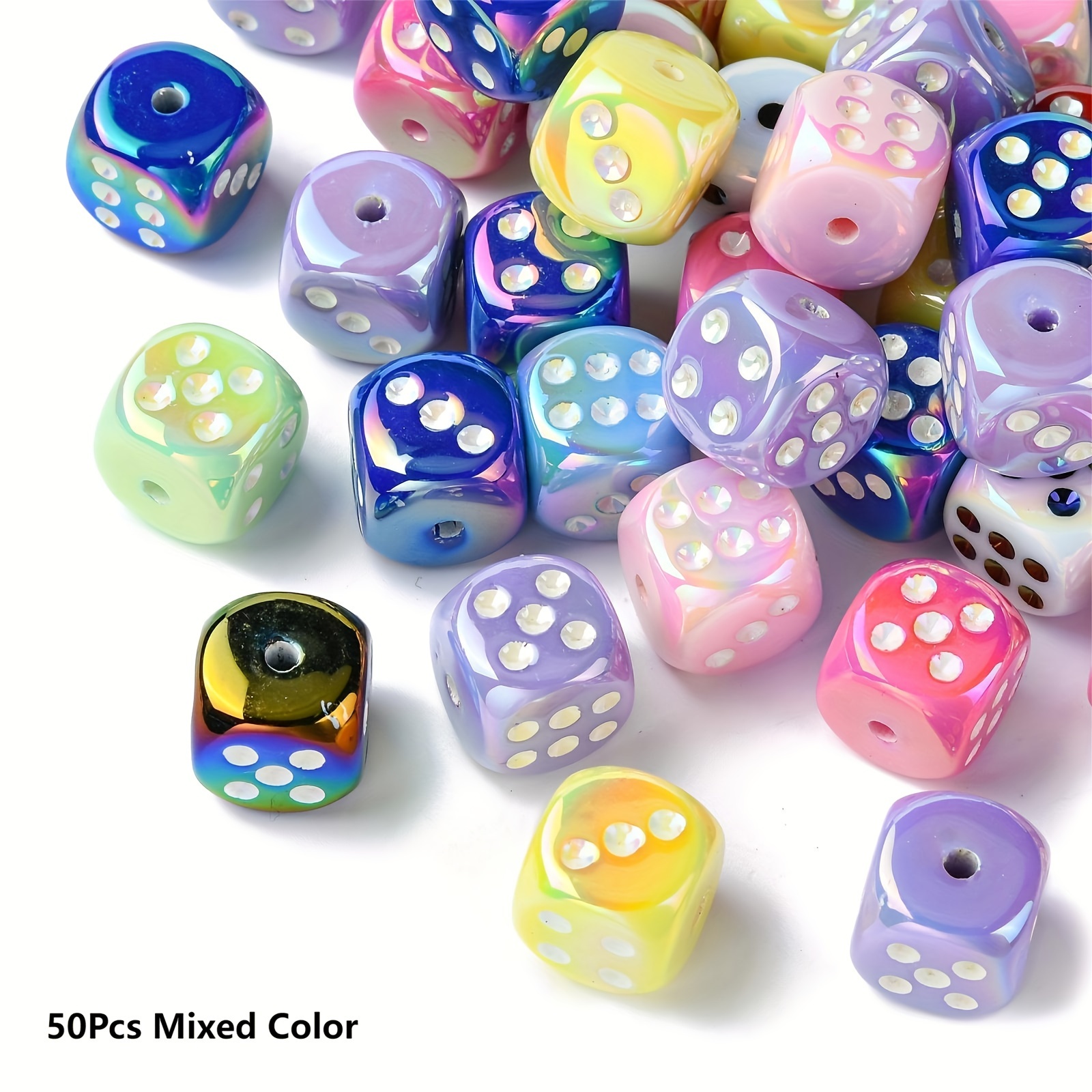 TEMU A Set Of 50 Assorted 14mm Acrylic Dice Beads In Colors With An Ab Effect, Perfect For Crafts Such As Making Bracelets, Necklaces, And