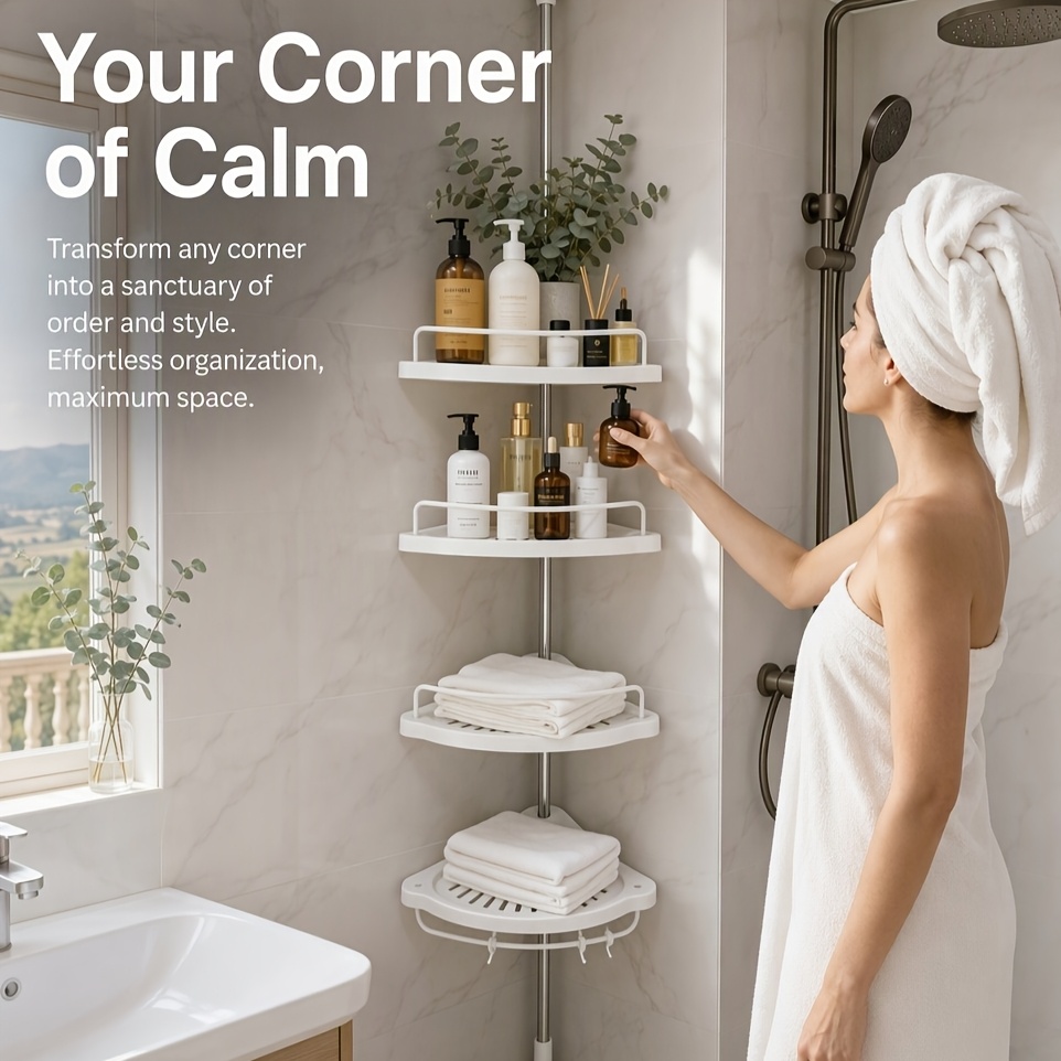 TEMU Panier de douche d'angle, organisateur de douche coulissant à quatre niveaux avec crochets, étagère de douche blanche antirouille, support de