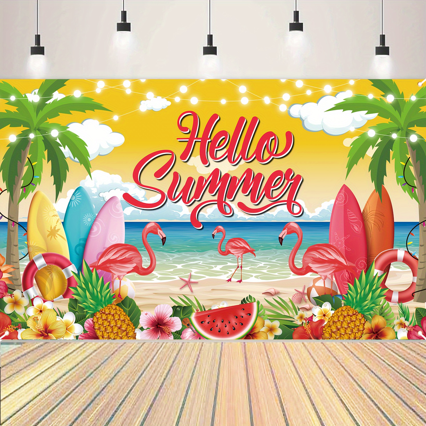 

Hello Summer! Vibrant Flamingo & Tropical Flowers Party Banner - 70.8" X 43.3" Polyester Beach Theme Backdrop For Indoor/outdoor Decor, Durable & Reusable