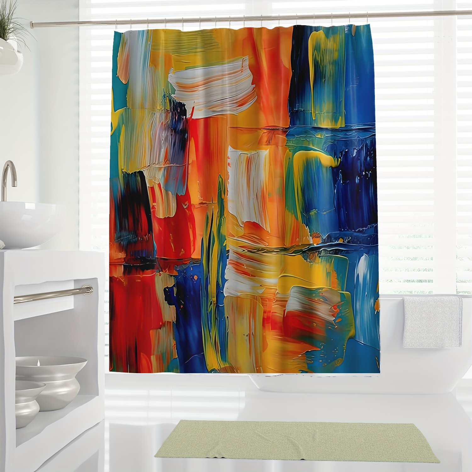 

1pc Abstract Art Shower Curtain, Modern Primary Colors Oil Painting Digital Print, Waterproof Fabric Bath Decor, 70.87"x70.87" With Hooks Included, Bathroom Accessories