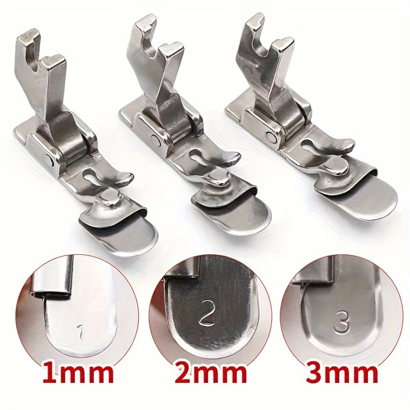 

3pcs Stainless Steel Hemming Foot Set For Sewing Machines - Perfect Curved & Pleated Skirts, Adjustable 1mm/2mm/3mm Stitch Widths, Compatible With Flat Bed Machines