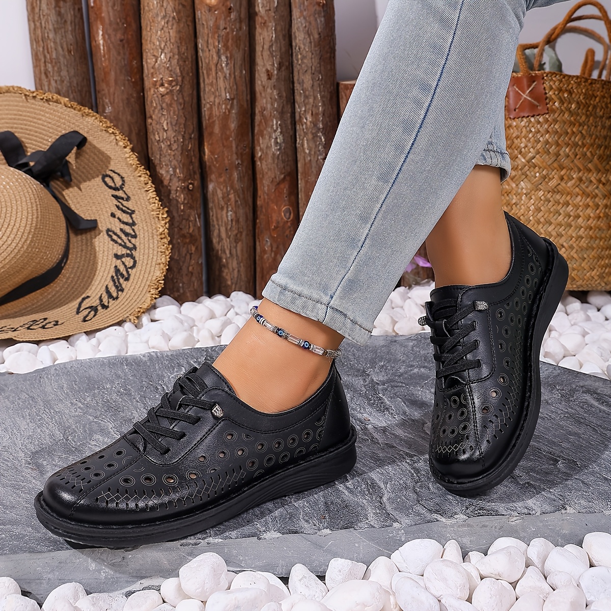 Women's Slip-On Loafers, Hollow-Out Design, Solid Color