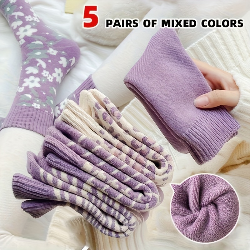Image of 5 Pairs Of Women's Winter Warm Socks - Fleece-lined, Thickened Geometric Stripes And Floral Patterns, Soft Lavender Color, Fluffy Socks For Indoor And Outdoor Use