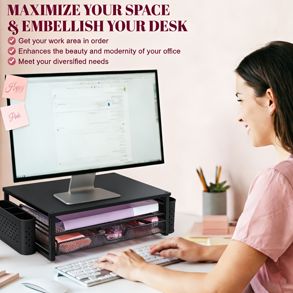 TEMU Heavy-duty Iron 2-tier Monitor Stand With Drawer & Mesh Shelf Suitable For Desk, Computer Riser Shelf With Storage Organizer For Home Office,