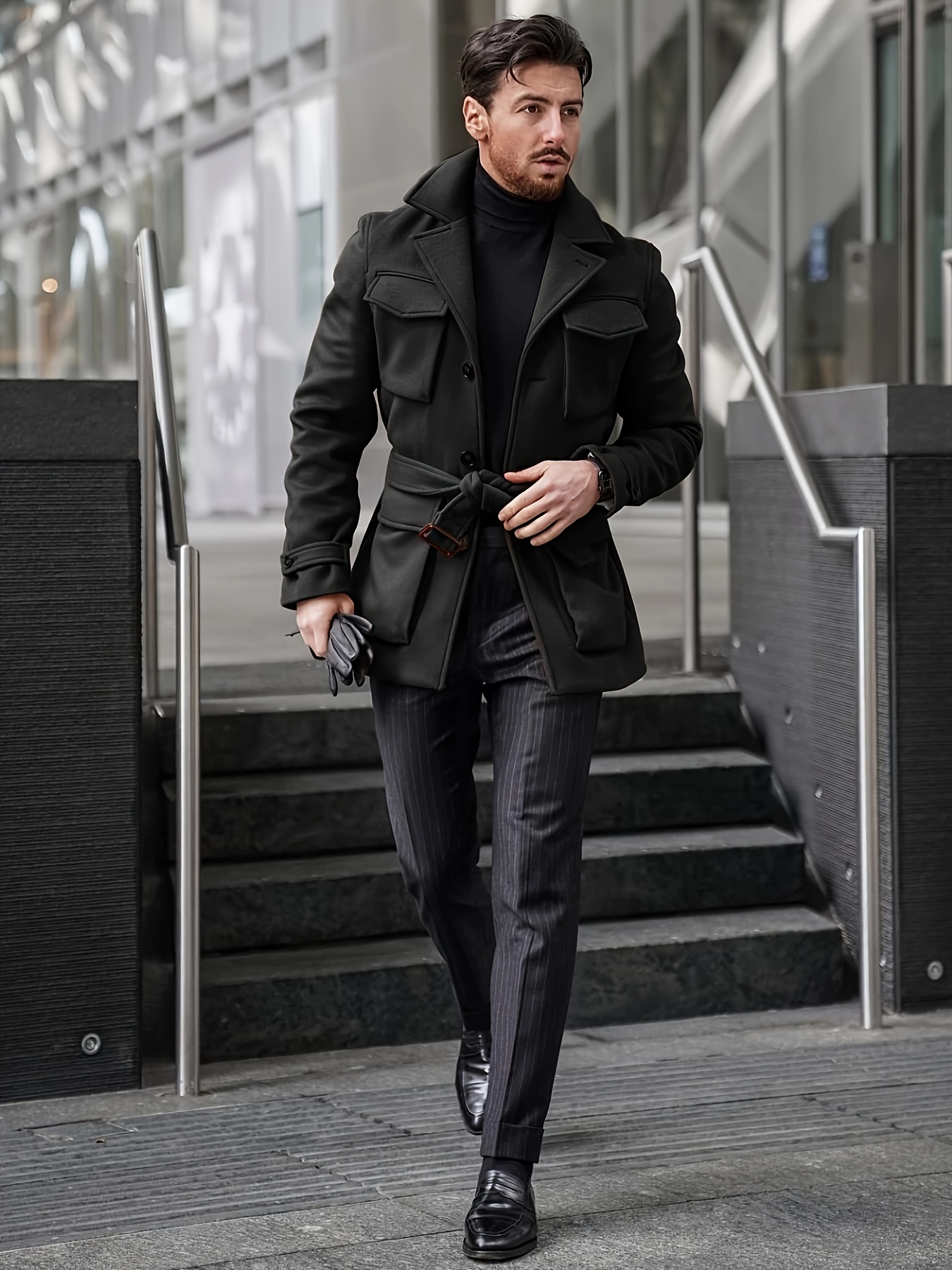 Black Overcoat Casual Mens Trench Coat Fit Business Lapel Belted