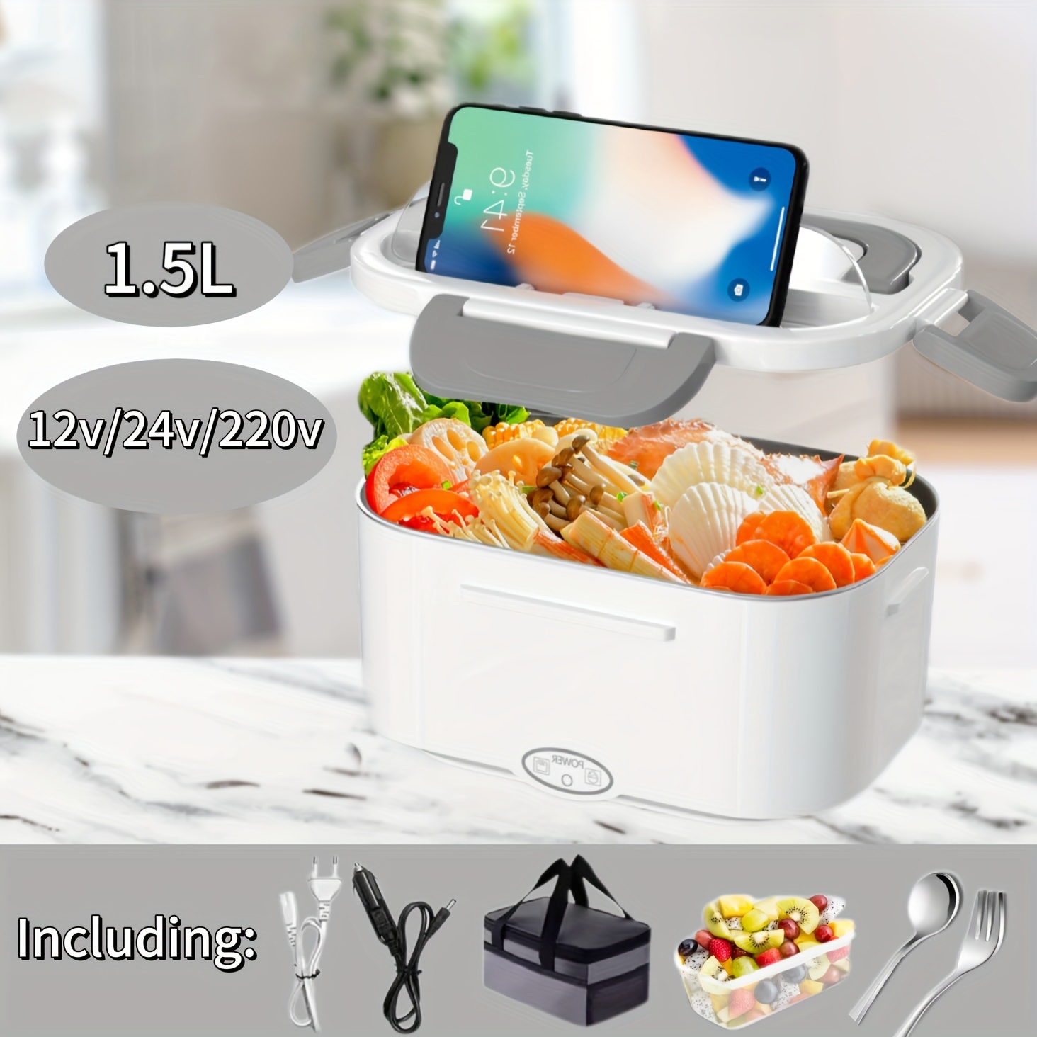 

60w White Lunch Box, 1.5l Lunch Box, 3in 1 Lunch Box Stainless Steel, Electric Lunch Box 12v/24v/220v And Bag