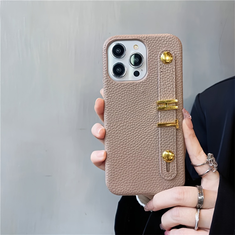 TEMU Phone Case: Luxury Personalized Customized Initials Name Metal Golden Name Letter Holder Wristband Lychee Pu Leather Hard Case For Iphone 16 15