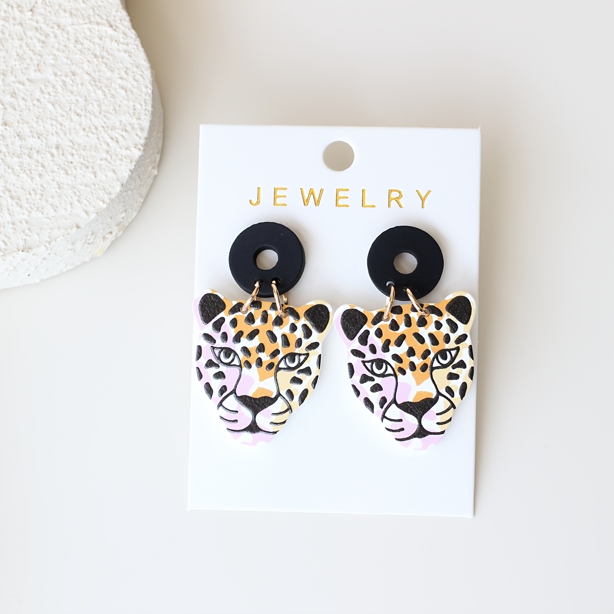 Women's Retro Leopard Head Dangle Earrings, Clay-Textured