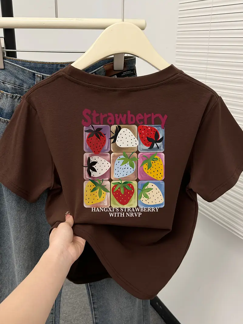 womens fit short sleeve crew neck t shirt strawberry print summer casual top japanese korean style machine washable tee for fashion casual attire shirts for s graphic fit shirt comfortable material trendy teens Product details 0