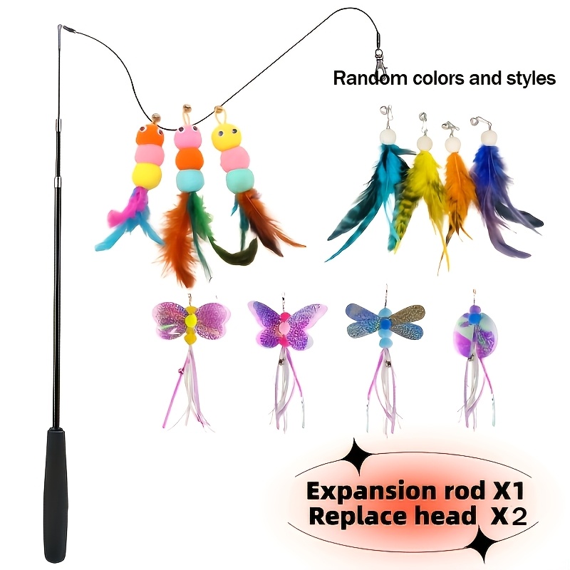 TEMU 3/4pcs Telescopic Cat Toy Stick With Interchangeable Heads Set, Suitable For Indoor And Outdoor Use And For With Cats. A Cat-loved Cat Toy.