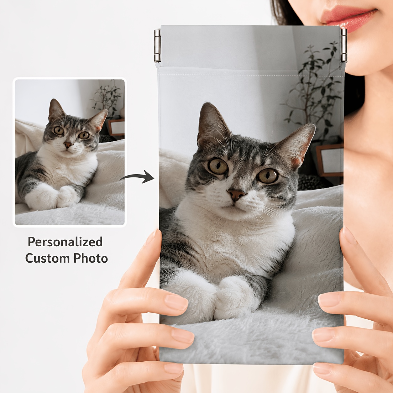 TEMU Étui à lunettes personnalisé avec photo de compagnie, pochette à lunettes en PU avec photo de chat personnalisée, fermeture automatique à