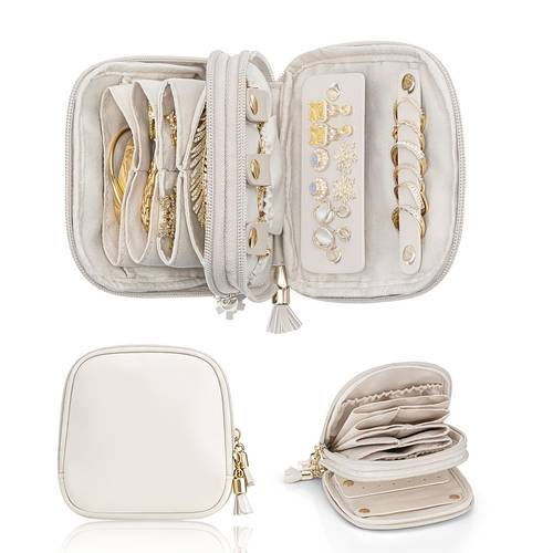 2-laags reissieradenorganizer geschikt voor dames, draagbare opbergdoos van imitatieleer met verwijderbaar oorbellenbord, zachte fluwelen voering met meerdere vakken & ritssluiting met kwastje, voor ringen, oorbellen, kettingen, armbanden, geschenkdoos, sieradendoesjes