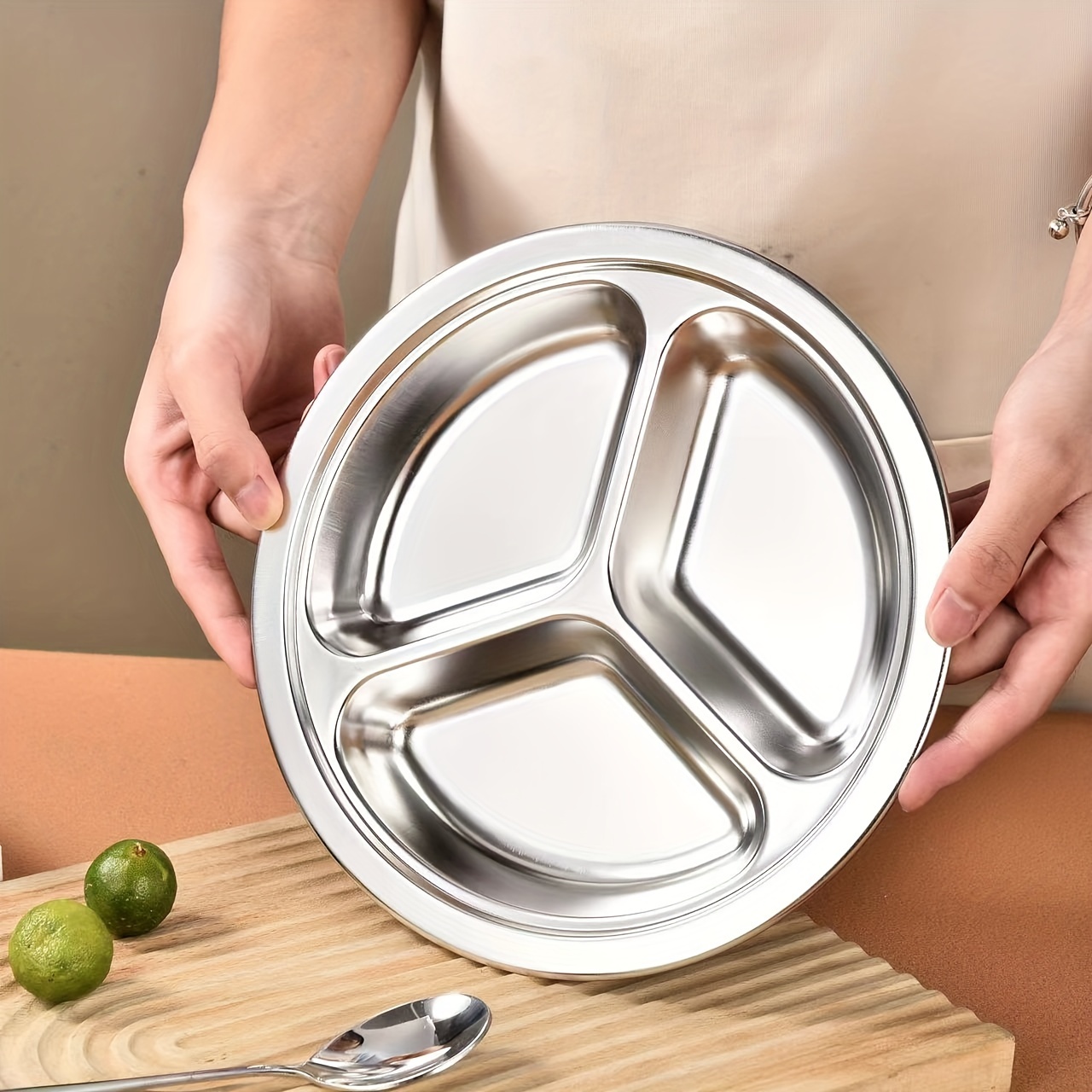 

1pc Stainless Steel Divided Plate - Round, Brushed Metal , Sectional Serving Dish For Lunch, Breakfast, Home Dining, And Camping - Ideal For Party Dinners And