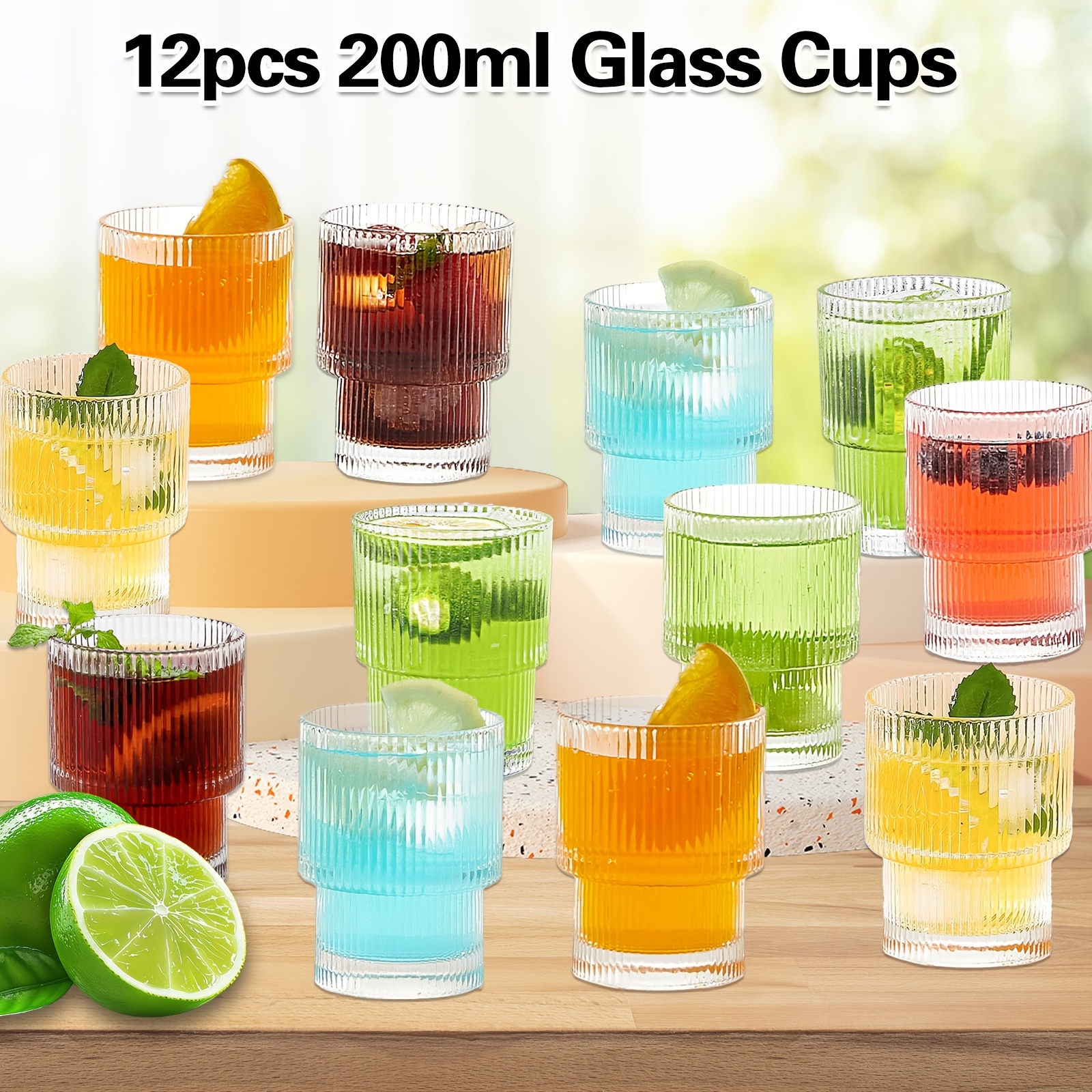 Image of 210ml Ribbed Glass Cup, 12pcs Set Of Ribbed Drinking Glasses, Stackable Ripple Glass Cups, Retro Origami Style Glass Cups, Cocktail Water Cups, Whiskey, Tea, Soda, Coffee