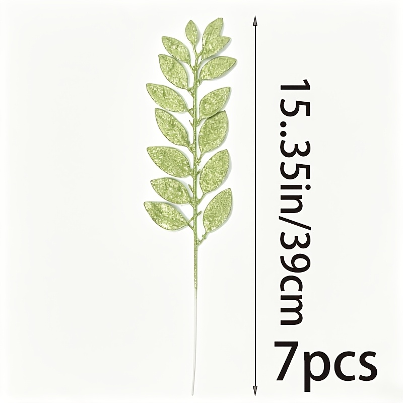 TEMU St Patrick's Day Christmas Decorations, 7pcs Premium Glitter Artificial Green Leaf Stems, 15.35in Sparkly Faux Greenery Picks, Glitter Coated