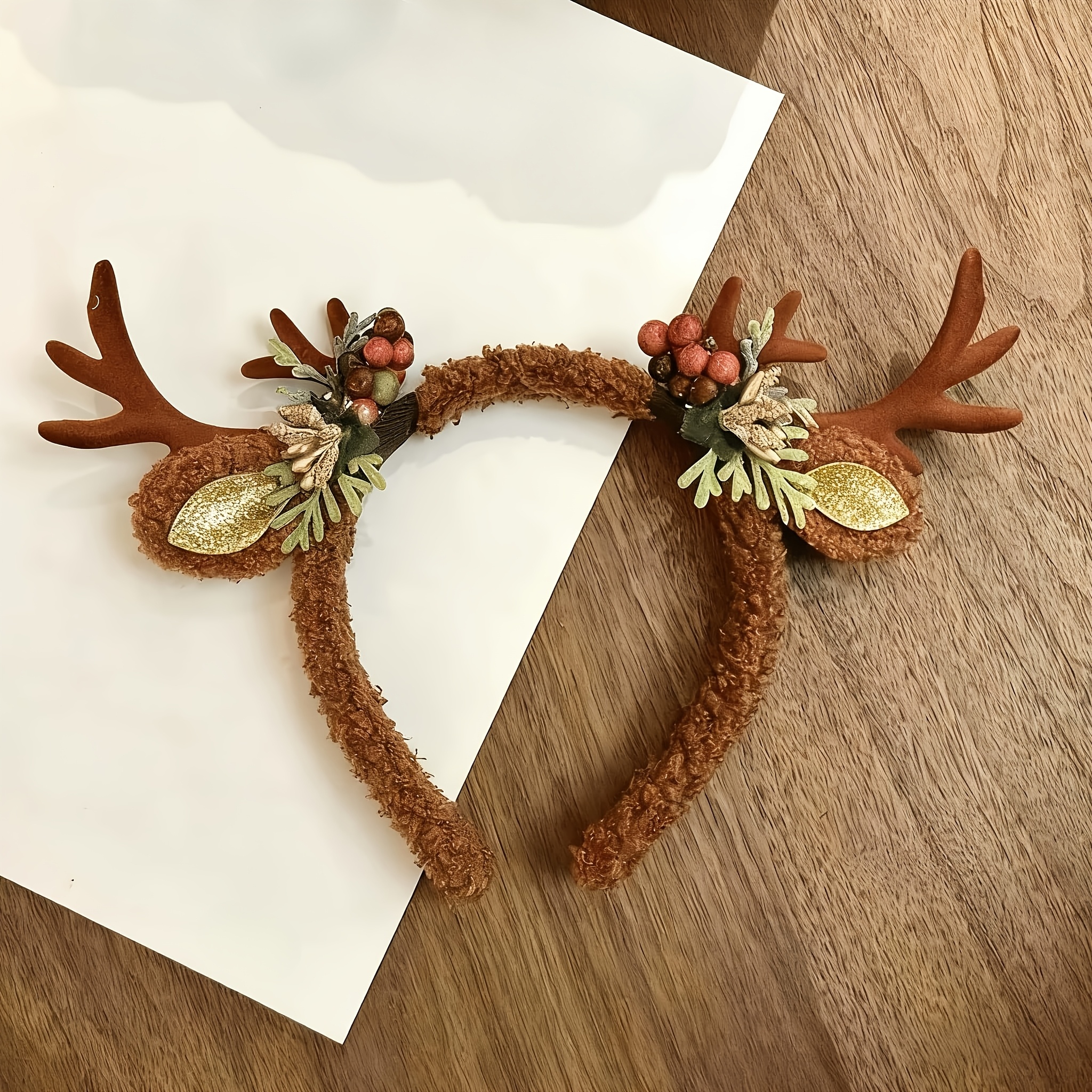 TEMU 1pc Elegant 3d Deer Antler Headband With Brown And , Green Leaves, And Berries - Soft And Comfortable, Ideal For Christmas, New Year, Easter