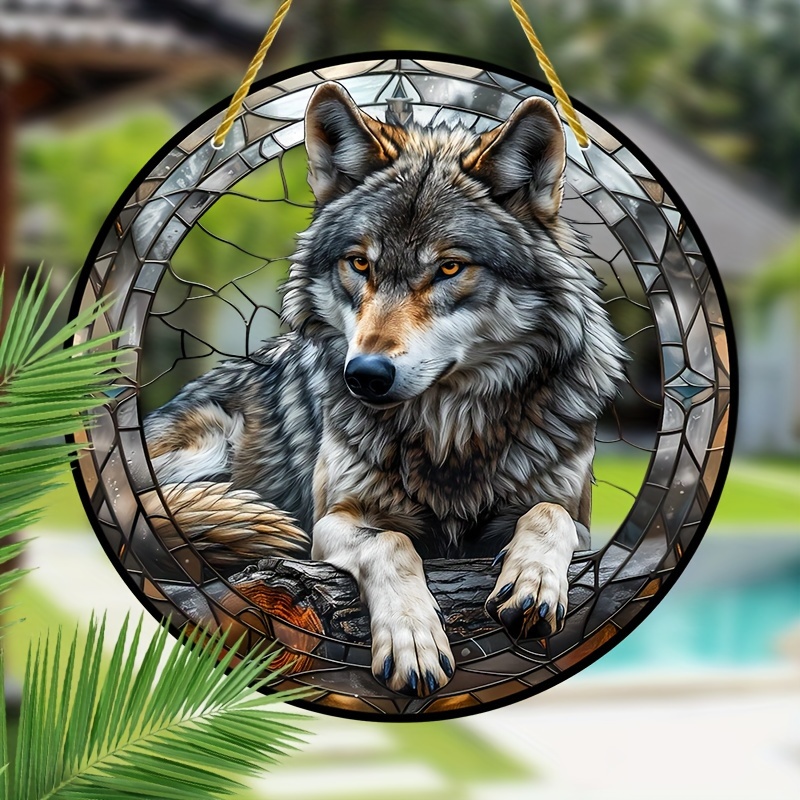 

Gray Wolf Acrylic Suncatcher - 8"x8" Stained Glass Window Hanging, Perfect For Bedroom, Porch, Garden & Outdoor Decor | Ideal Housewarming Gift