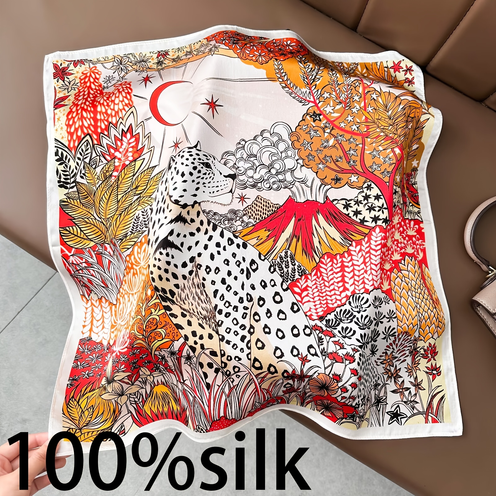 TEMU 100% Silk Wild Jungle Series Scarf, Handcrafted With Silk, Luxurious And Soft Texture, Inspired With , Volcano, Tropical , And Star Elements,
