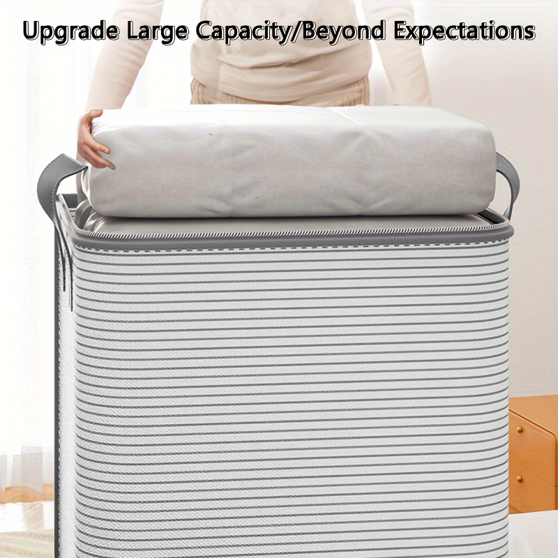 

1pc Large Capacity Storage Bag, Classic Striped Fabric Clothes & Quilt Organizer, Portable Moving & Packing Basket With Handles, Home Use