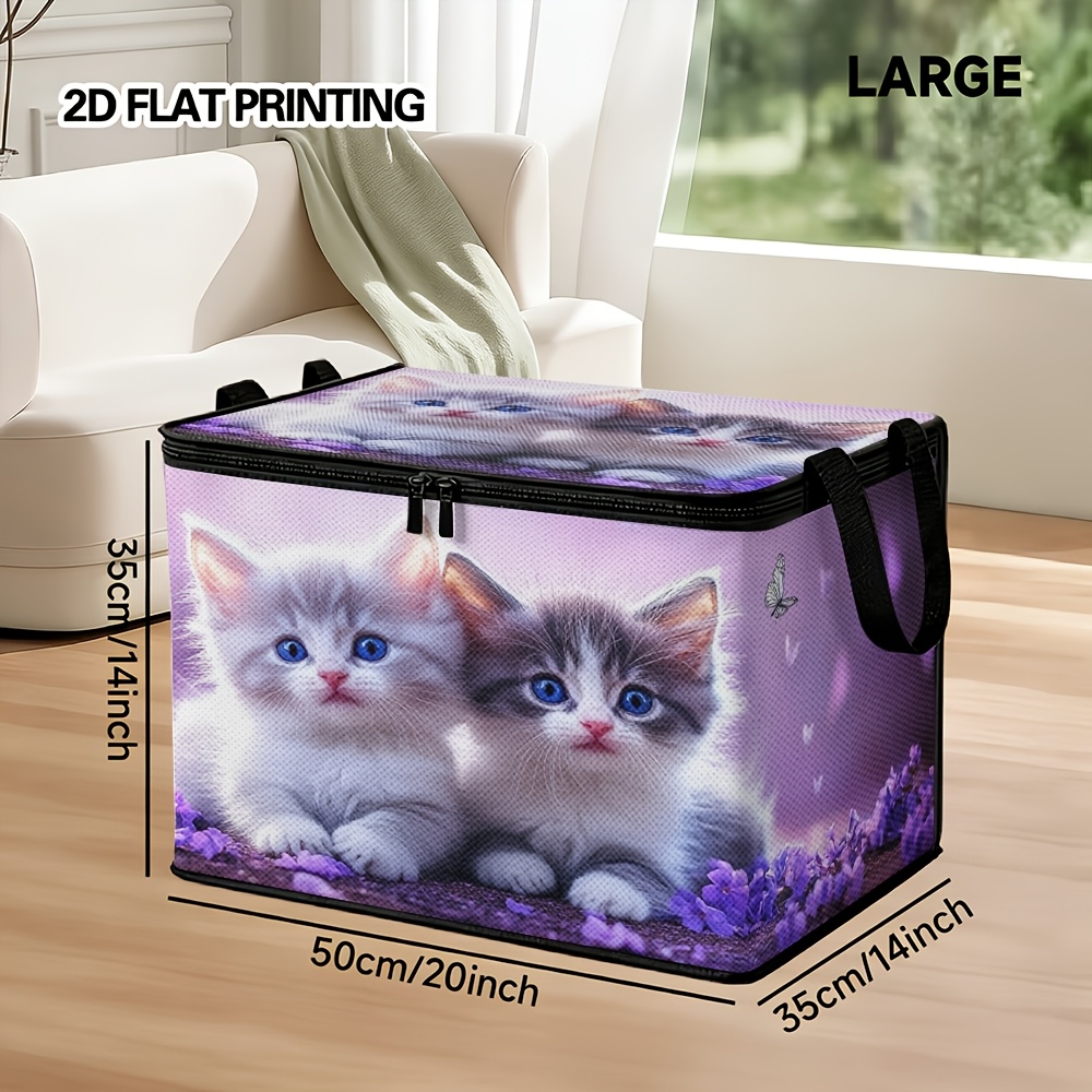 TEMU 1pc Conteneur de rangement amélioré de grande au design plat 2D, avec des chats mignons et des fleurs - Idéal pour les vêtements , le rangement