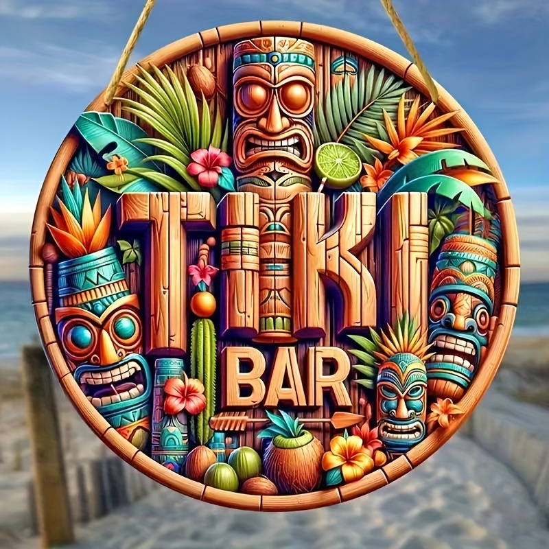 

Panneau suspendu en bois pour bar tiki tropical, 1 pièce, décoration murale, ornement sur le thème hawaïen, art polynésien, convient à diverses occasions, aucune électricité ni plumes requises.