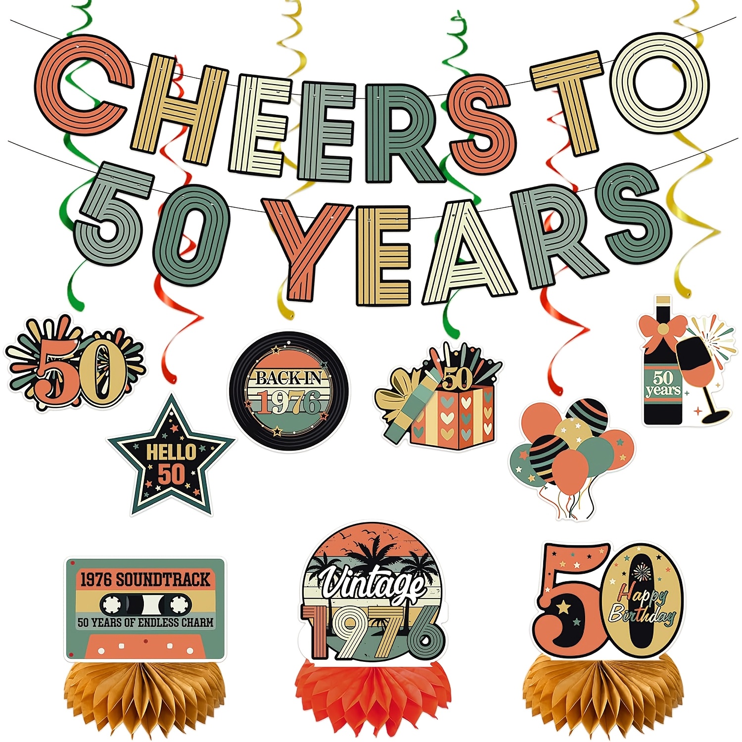 Image of 50th Birthday Decorations For Women And Men, "cheers To 50" Banner Centerpiece Hanging Swirl, 50th Birthday Party Supplies For Dad And Mom, Vintage 1976 50th Party Photo Backdrop