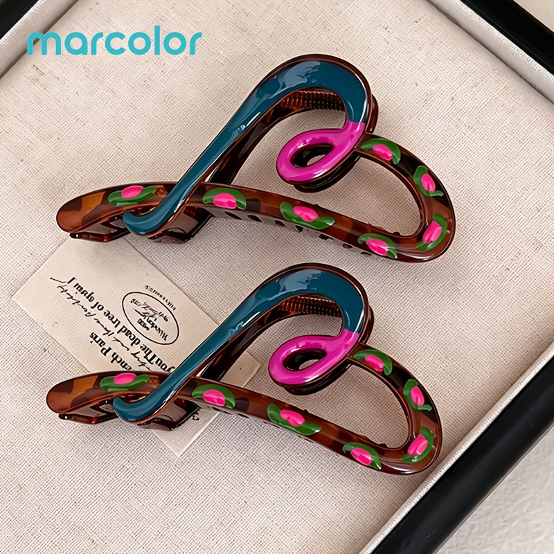 TEMU Marcolor 2pcs Contrast Heart Shark Clip Large Size Hair Claw Clip Spoon Long Hair Updo Lazy Style Hair Clip Women' Wear Versatile Exquisite Hair
