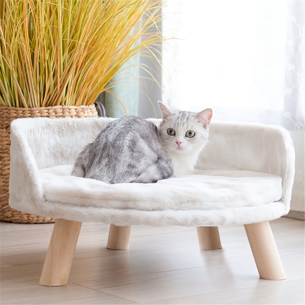 TEMU Fluffy Pet Elevated Bed Small Raised Bed Sofa Stool Pet Sleeping Curling Chair With Soft Removable Cushion 60cm, Pet Furniture, Cozy Pet