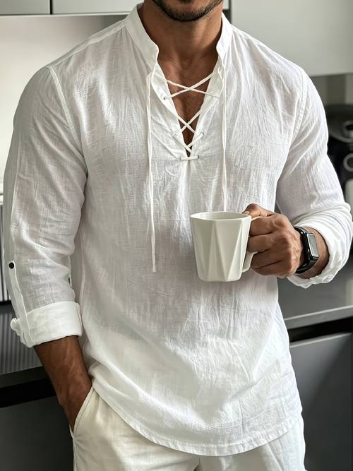 item picture and give obm mens solid color stand collar linen long sleeve shirt semi open front design roll up sleeve style casual short vacation leisure mens versatile top