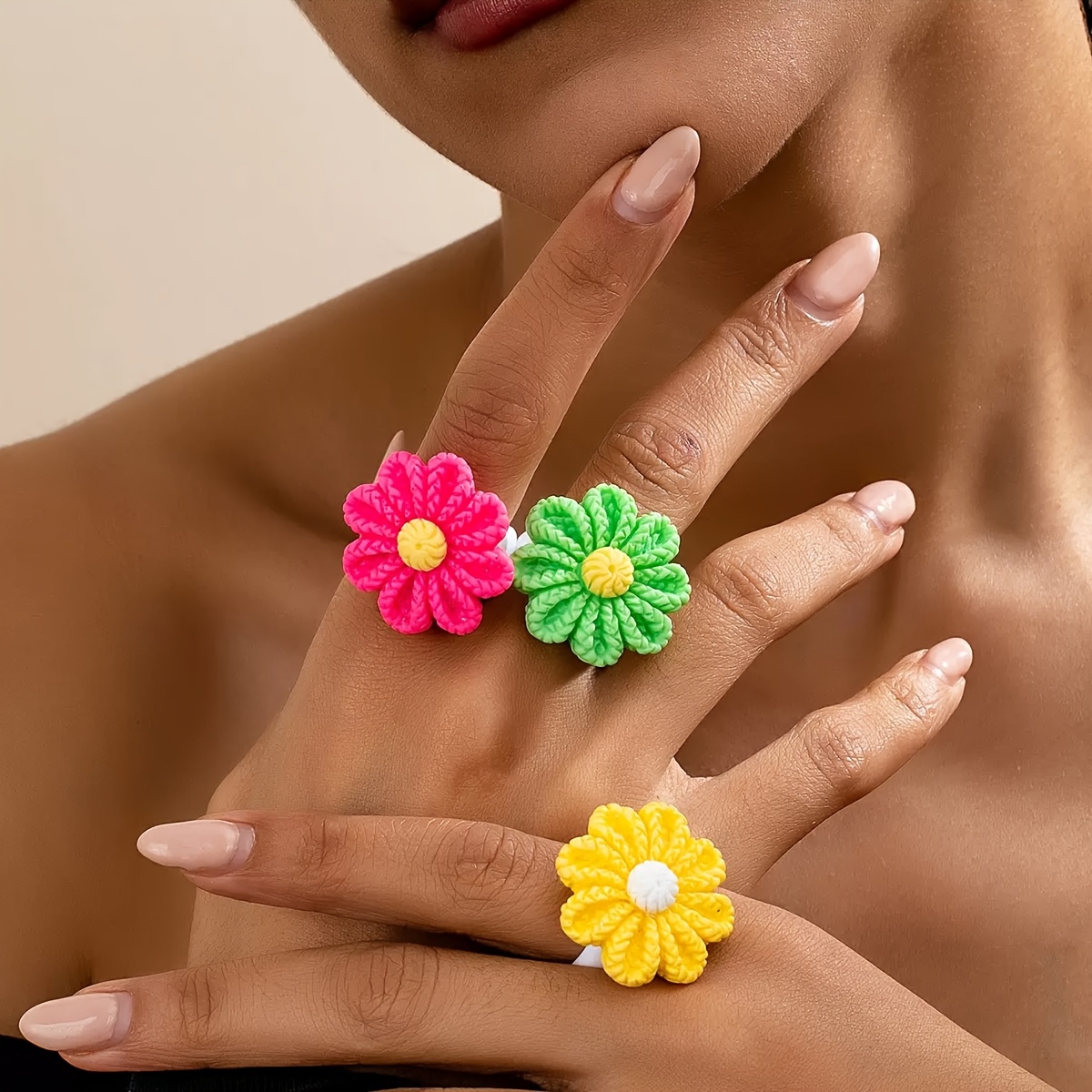 Women's Multicolor Resin Flower Ring 3pcs Set