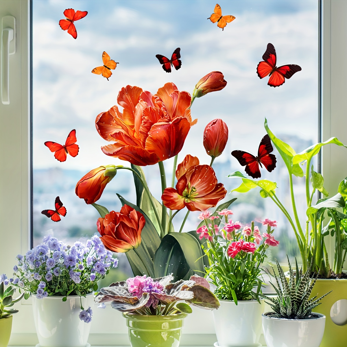 

1pc Fresh Floral Tulips And Butterflies Window Cling, 11.81x15.75 Inch, Plastic Decorative Sticker For Boy's/girl's Room, Bedroom, Balcony, Home Decor