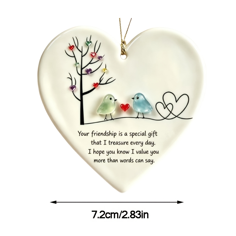 TEMU 2pcs Friendship Sea Glass Keepsake Gift For Best Friend, Heart-shaped Sea Glass Ceramic Ornament With Birds And Tree Of Life, Friendship Decor