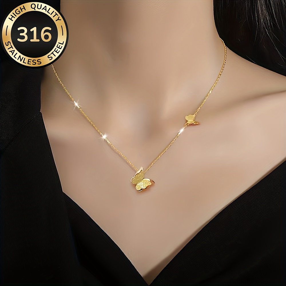 Women's Golden Butterfly Stainless Steel Necklace, Elegant Gift