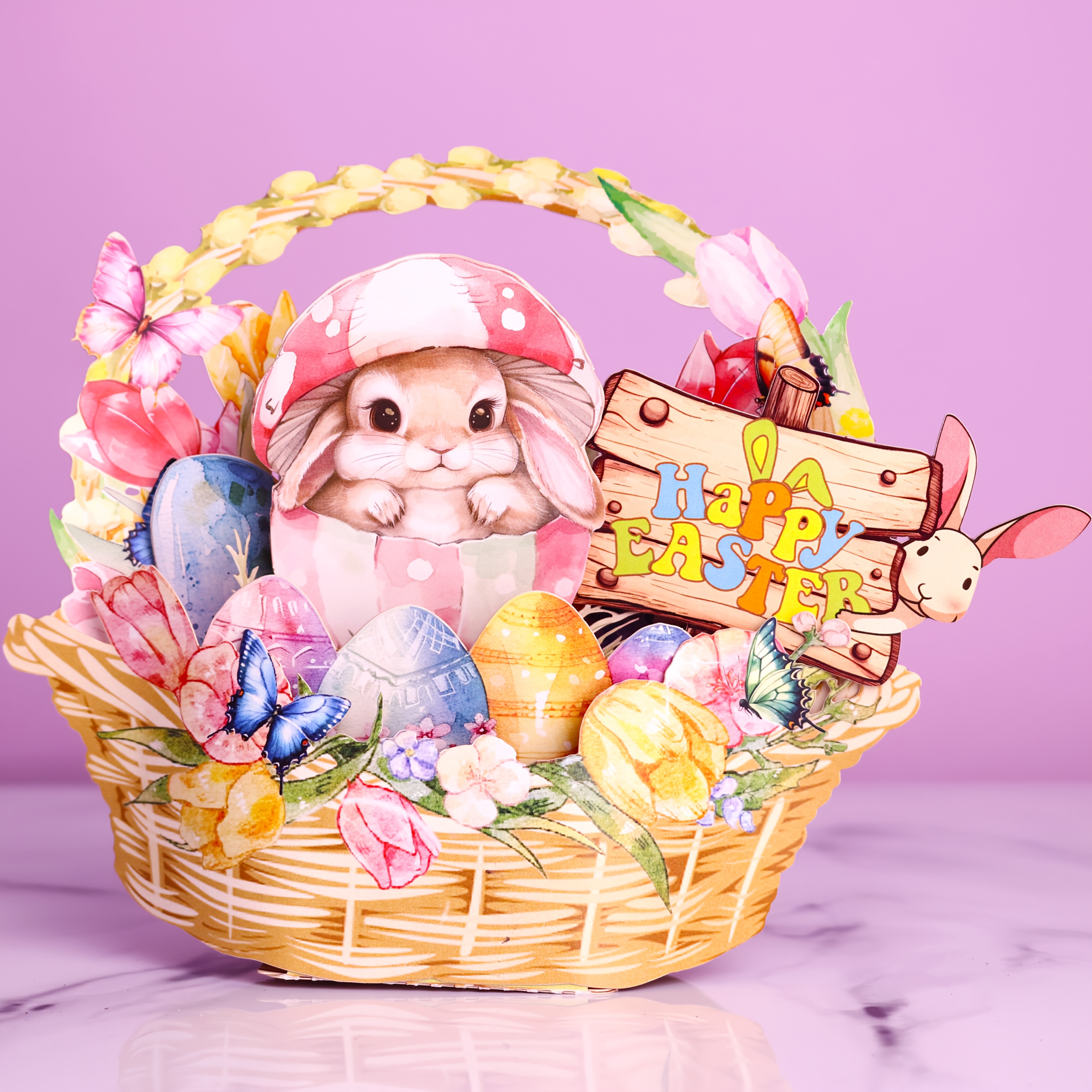 

1pc Easter Pop-up Greeting Card With Eggs & Bunny - Handcrafted Wicker Basket Design, Includes Note Card & Envelope, Ideal For Easter