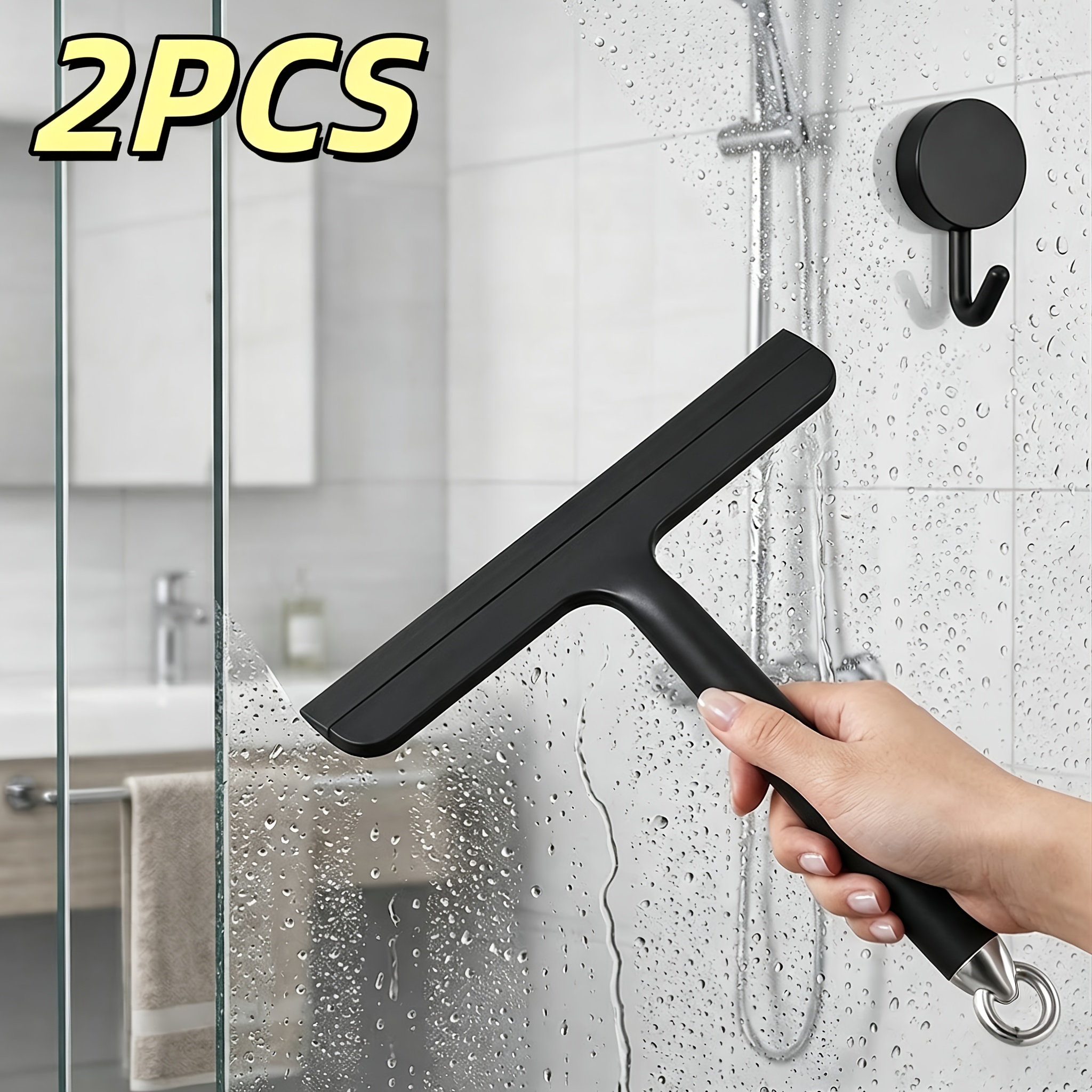 TEMU 2pcs: 1pc Glass Surface Cleaner And 1pc Strong Hook, Durable Plastic And Silicone Material Scraper With Convenient Handle, Hook For Hanging