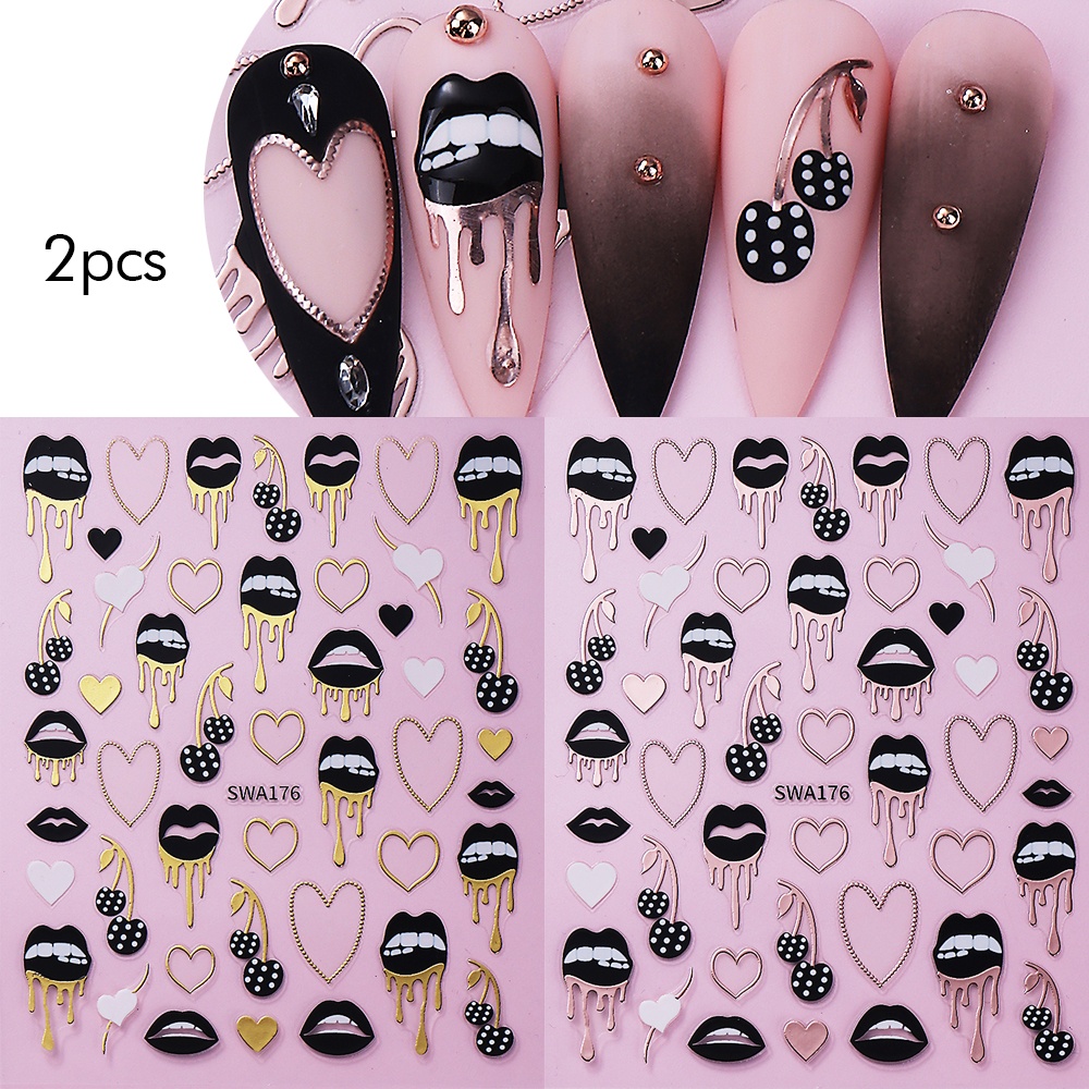 2pcs Black 3d Nail Stickers Heart Cherry Nail Decals Valentine's Day Nail Decorations Diy Manicure Accessories