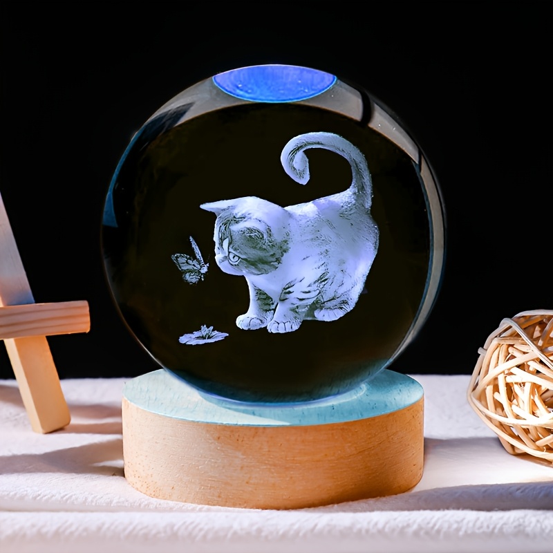 

1pc Art Deco 3d Engraved Cat Glass Crystal Ball With Wooden Led Stand, Usb Powered, Room Decor, Ideal For Birthday, Valentine's, Christmas Gifts