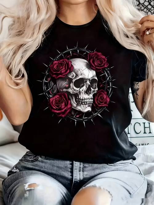 1pc of womans autumn clothing skull with red roses thorns crew neck garment for daily casual wear goth enthusiast womens winter clothing christmas gift christmas clothing w